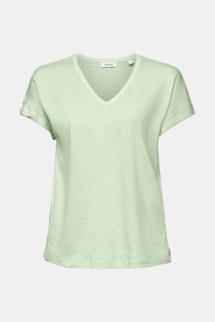 Tričko z bavlny a lnu se špičatým výstřihem, LIGHT GREEN, detail image number 5
