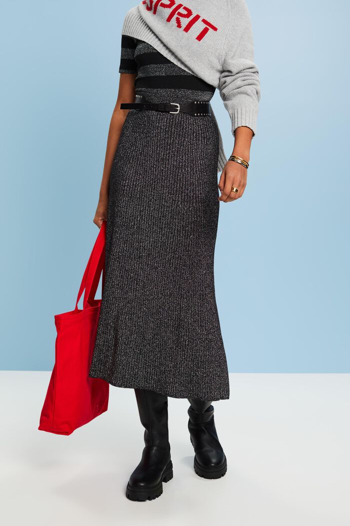 Midi sukně z žebrové pleteniny z příze lamé, BLACK, detail image number 0
