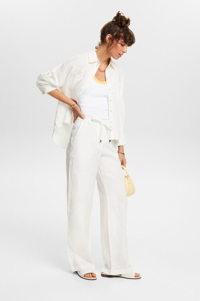 Lněné kalhoty se širokými nohavicemi a opaskem, OFF WHITE, detail image number 1