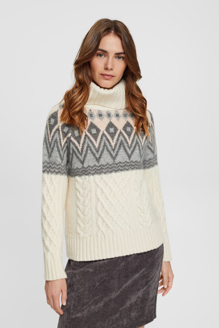Žakárový pulovr s rolákem, z pleteniny s vlnou, OFF WHITE, detail image number 0