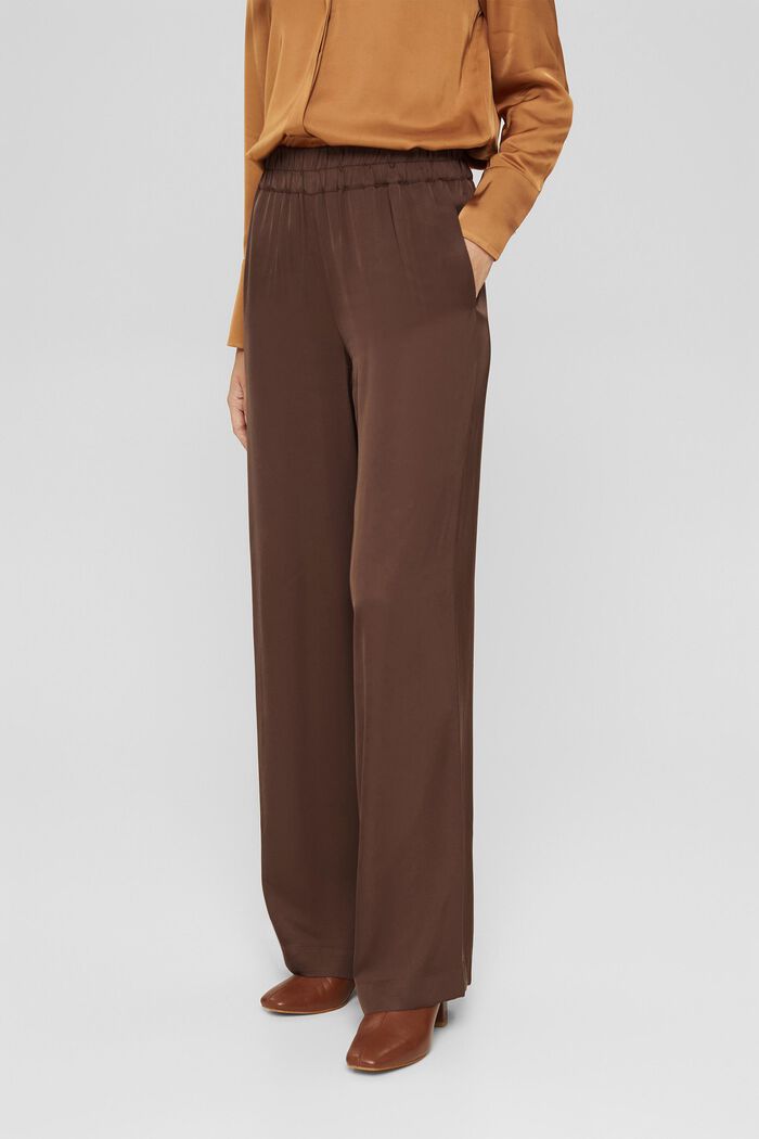 Splývavé saténové kalhoty se širokými nohavicemi, DARK BROWN, detail image number 0
