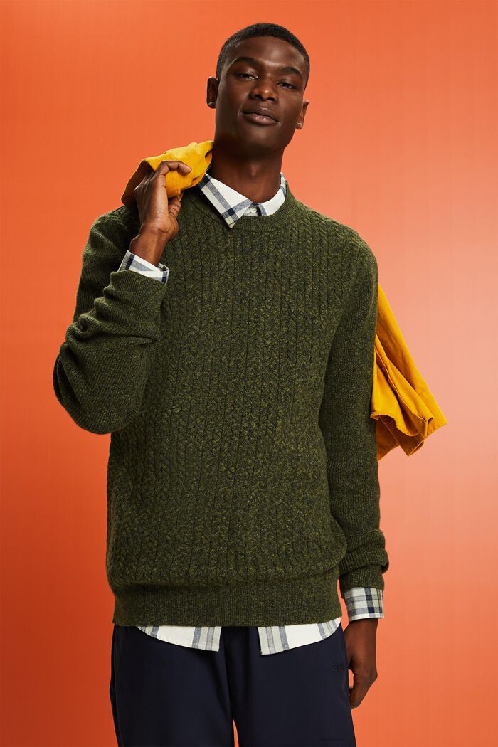 Melírovaný copánkový pulovr s kulatým výstřihem, OLIVE, detail image number 0