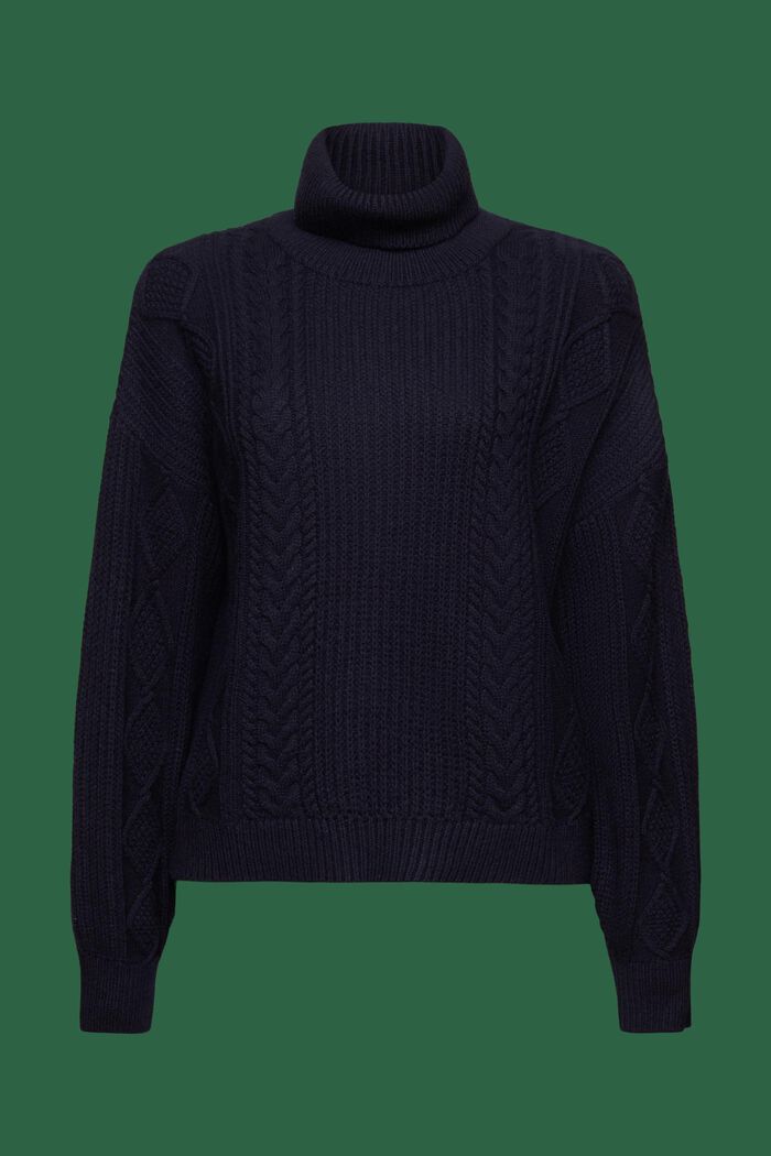 Pletený pulovr s copánkovým vzorem a s nízkým rolákem, NAVY, detail image number 7