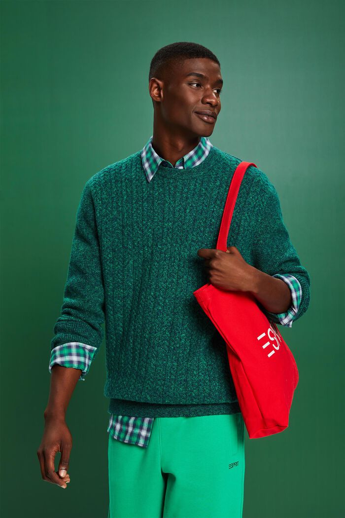 Melírovaný copánkový pulovr s kulatým výstřihem, GREEN, detail image number 1