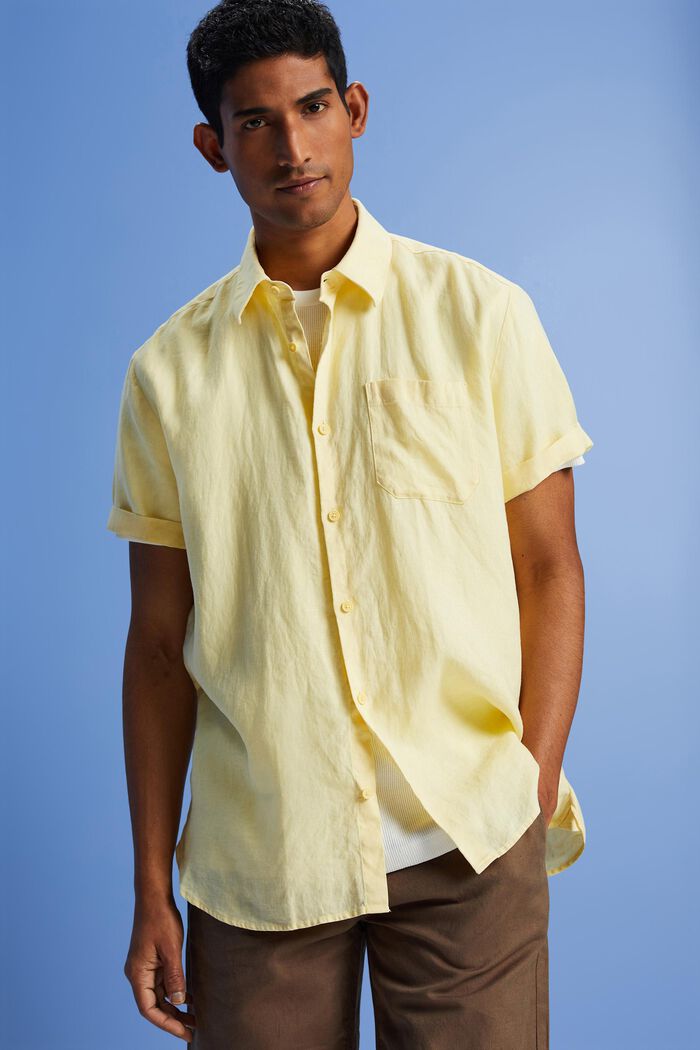 Lněná košile s krátkým rukávem, LIGHT YELLOW, detail image number 4