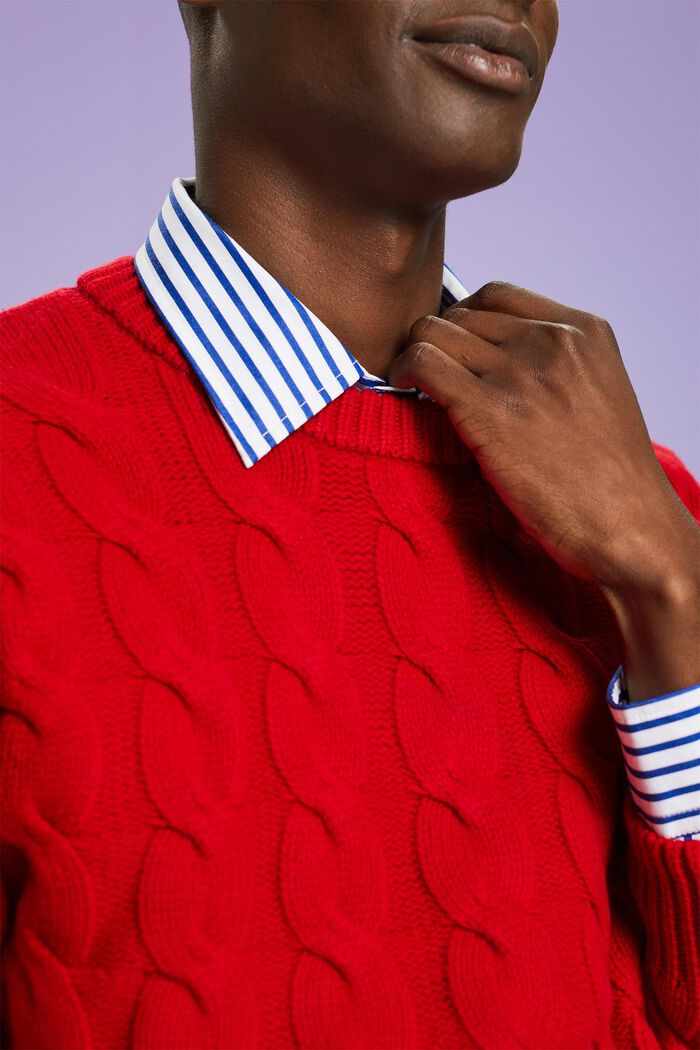 Vlněný pulovr z copánkové pleteniny, DARK RED, detail image number 3