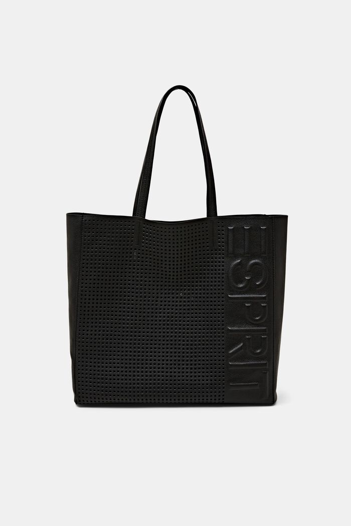Kožená kabelka tote bag s vyraženým logem, BLACK, detail image number 0