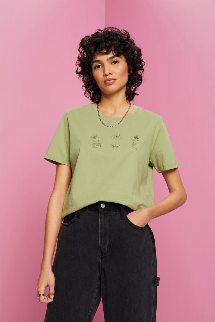 Bavlněné tričko s květinovým potiskem, PISTACHIO GREEN, detail image number 0