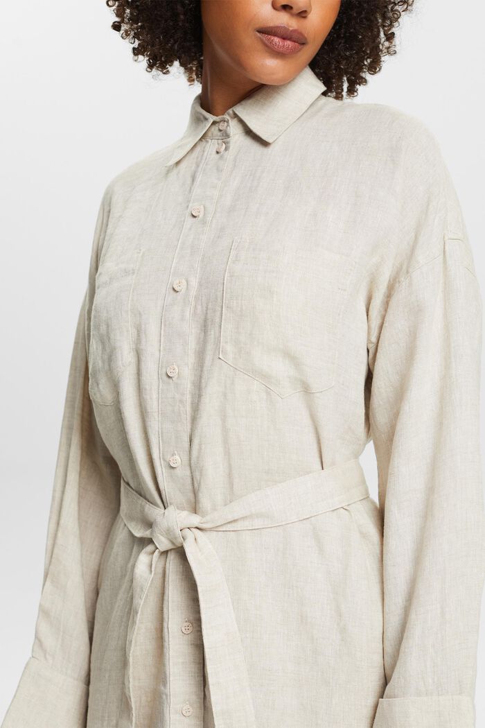 Lněné košilové midi šaty s opaskem, BEIGE, detail image number 3