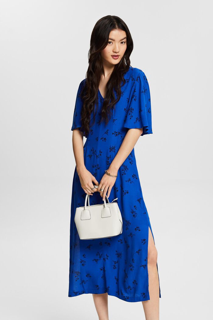 Midi šaty s potiskem a špičatým výstřihem, BRIGHT BLUE, detail image number 0