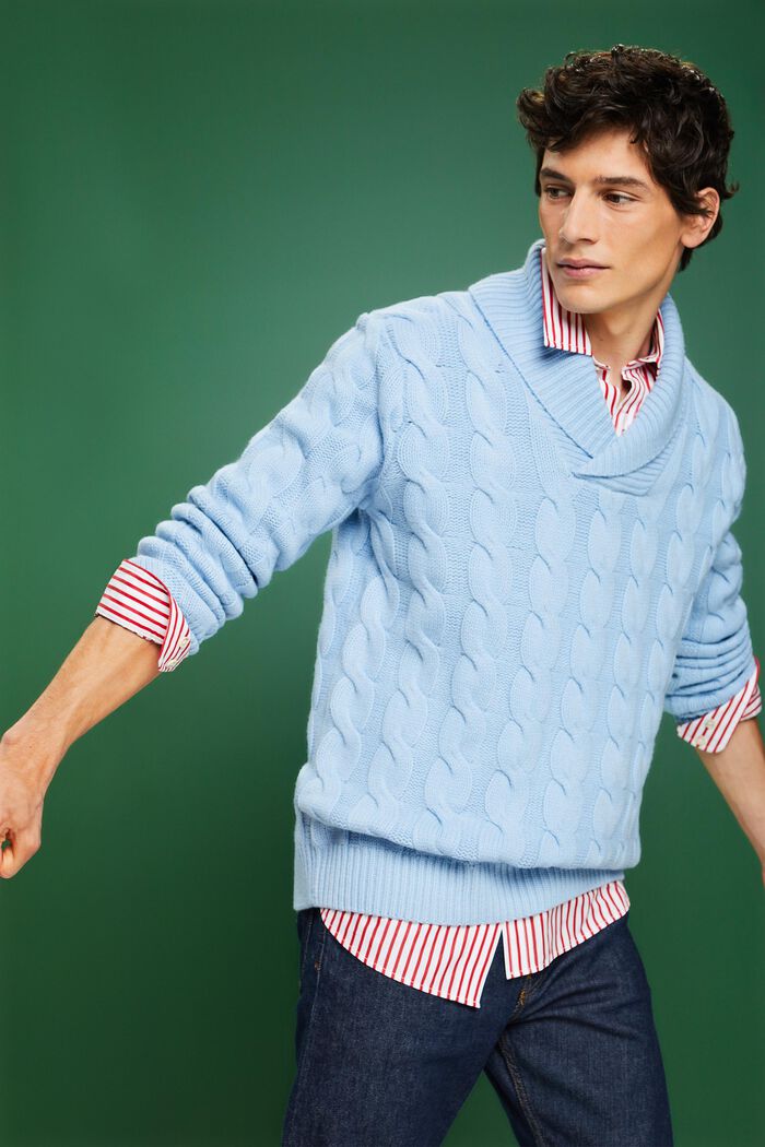 Šálový pulovr z vlněné copánkové pleteniny, LIGHT BLUE LAVENDER, detail image number 5