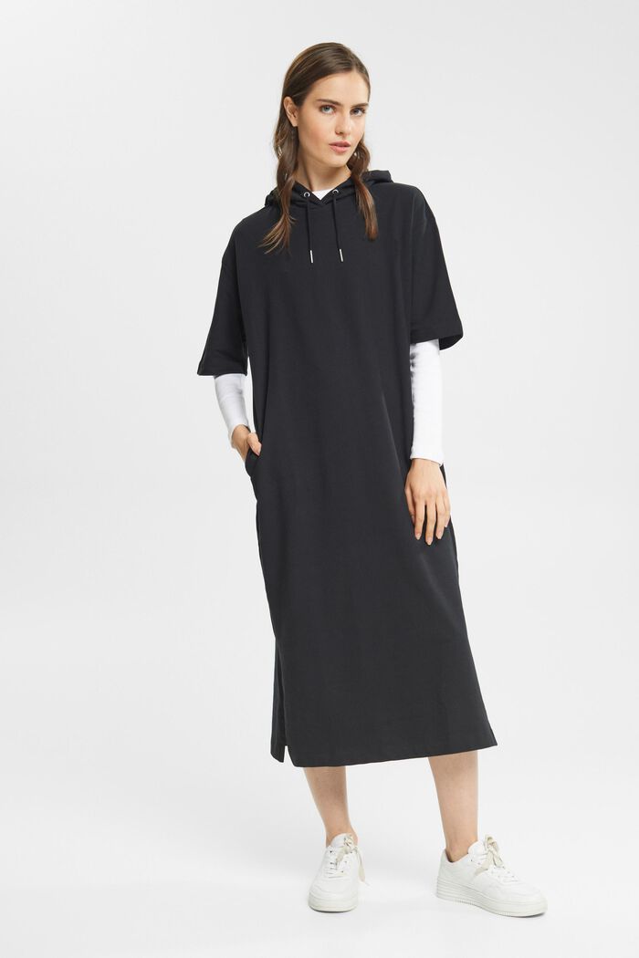 Dlouhé šaty s kapucí, z teplákoviny, BLACK, detail image number 1