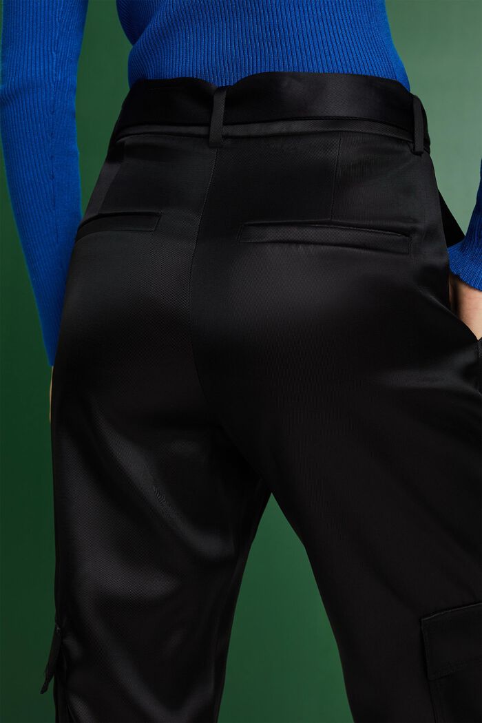Saténové cargo kalhoty s opaskem, BLACK, detail image number 3