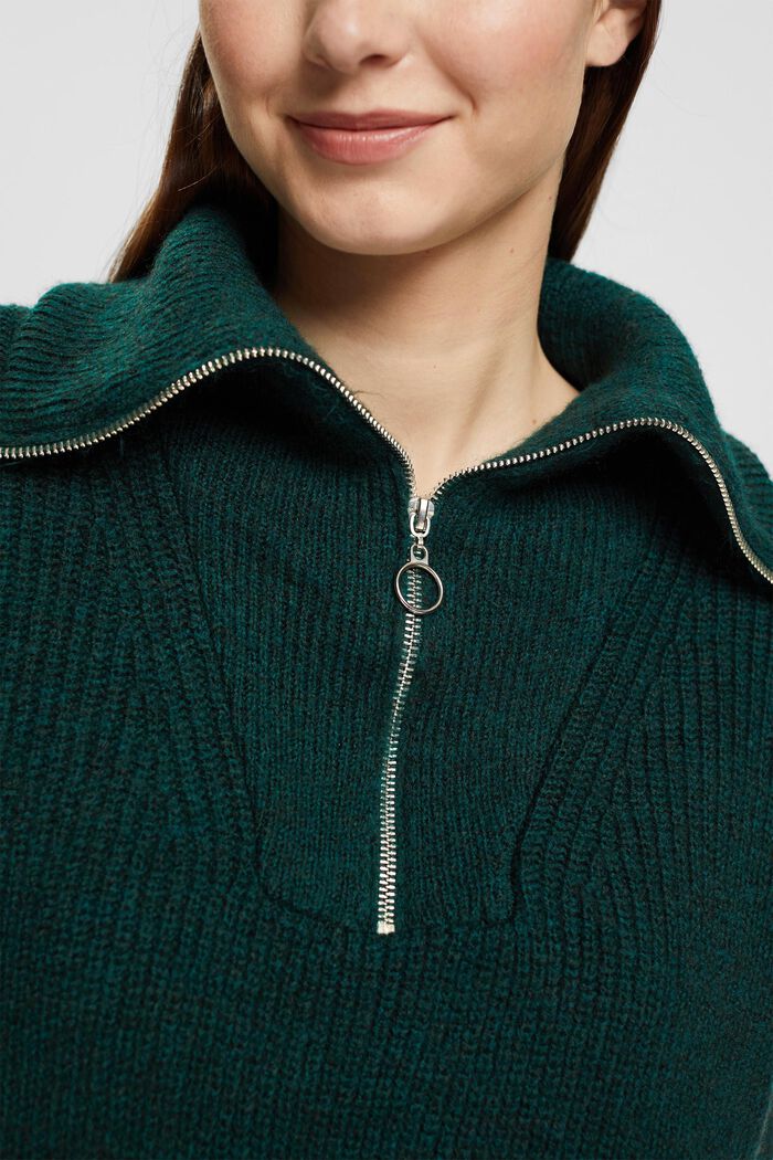 Pletený svetr s polovičním zipem a vlnou, TEAL GREEN, detail image number 2