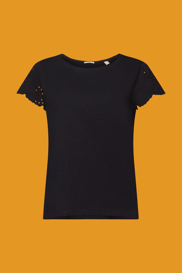 Bavlněné tričko s rukávy s dírkovanou výšivkou, BLACK, detail image number 7