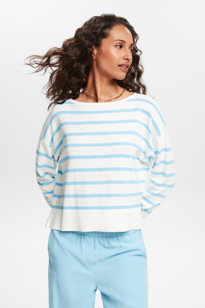 Pruhovaný pulovr ze směsi bavlny a lnu, OFF WHITE, detail image number 0