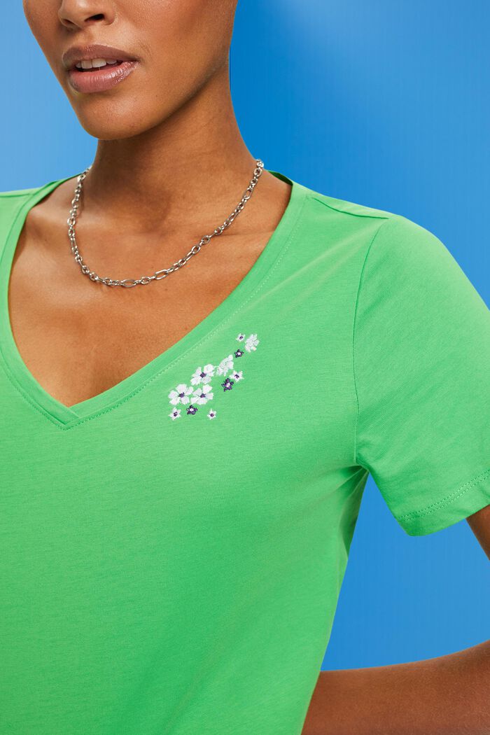 Tričko se špičatým výstřihem a květovanou výšivkou, GREEN, detail image number 2