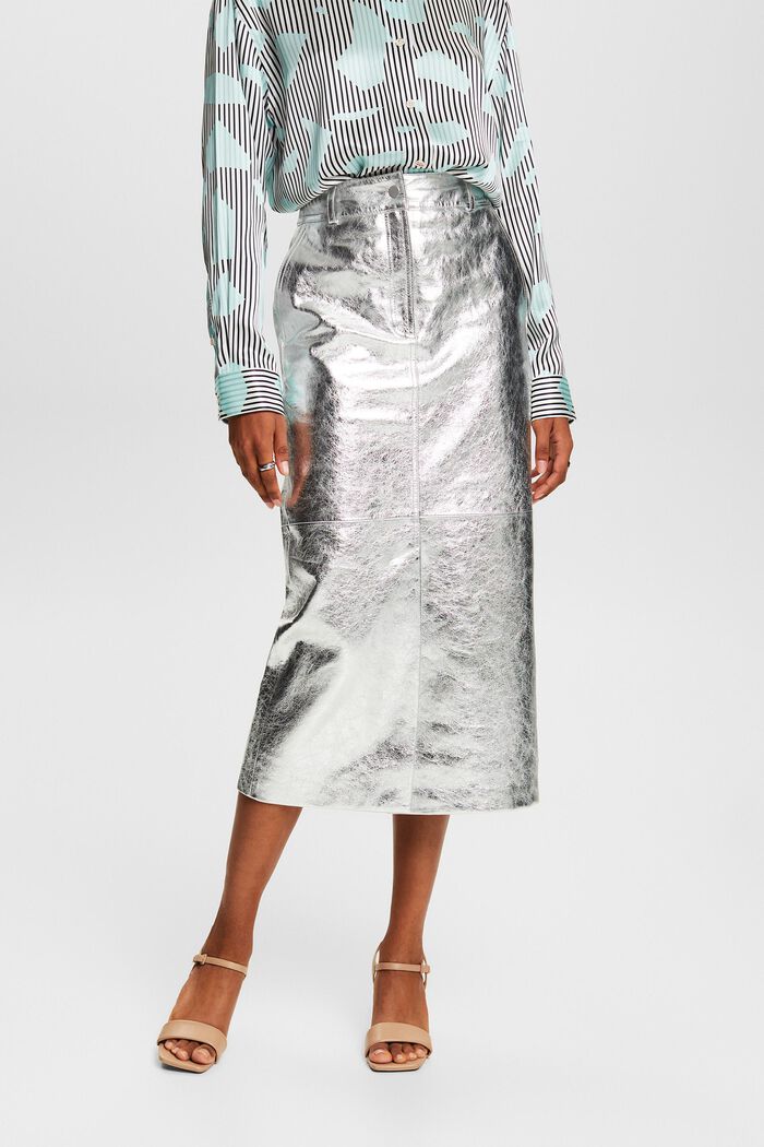 Metalická kožená sukně s povrchovou úpravou, SILVER, detail image number 0