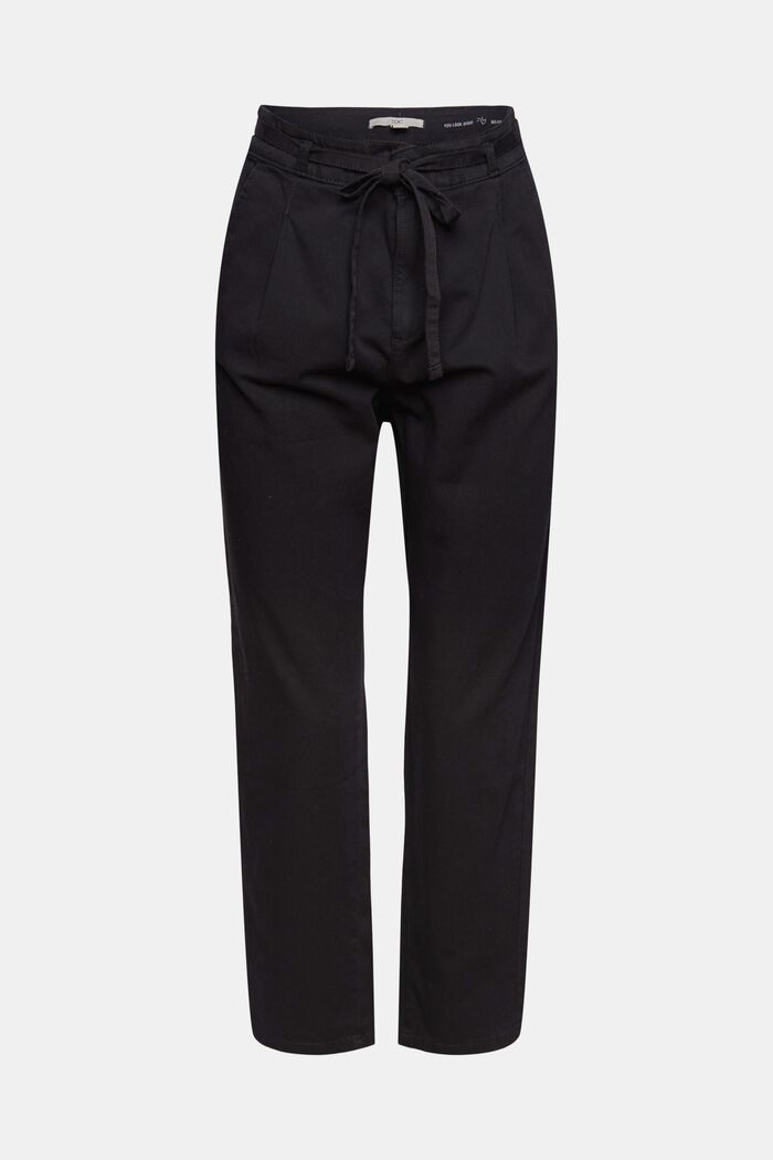 Kalhoty se sklady v pase s opaskem, z bavlny pima, BLACK, detail image number 2