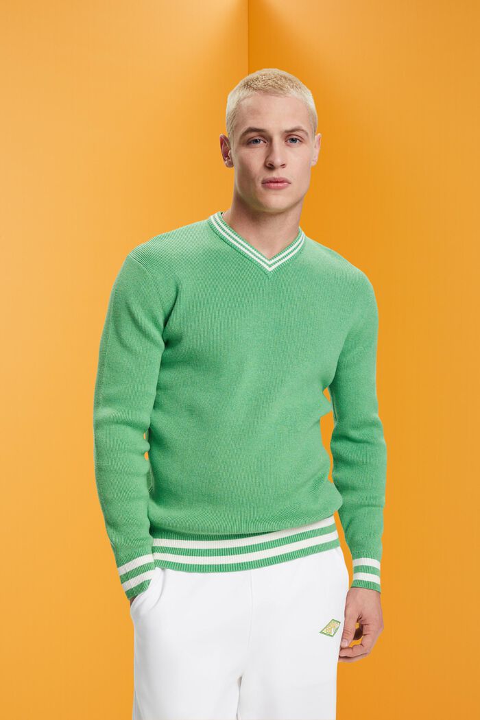 Bavlněný pulovr, špičatý výstřih, udržitelná bavlna, GREEN, detail image number 0