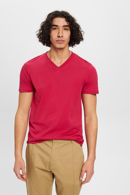 Bavlněné tričko Slim Fit se špičatým výstřihem, DARK PINK, overview