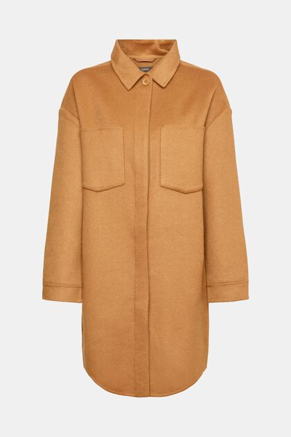Směsový vlněný kabát ve stylu košilové bundy, CARAMEL, overview