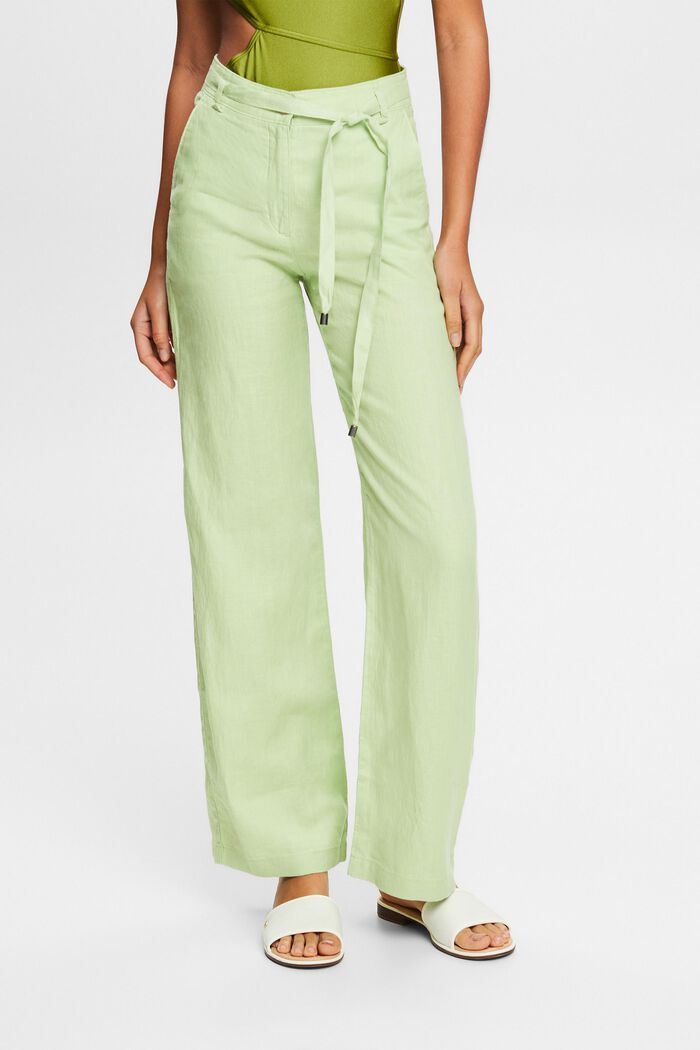 Lněné kalhoty se širokými nohavicemi a opaskem, LIGHT GREEN, detail image number 0