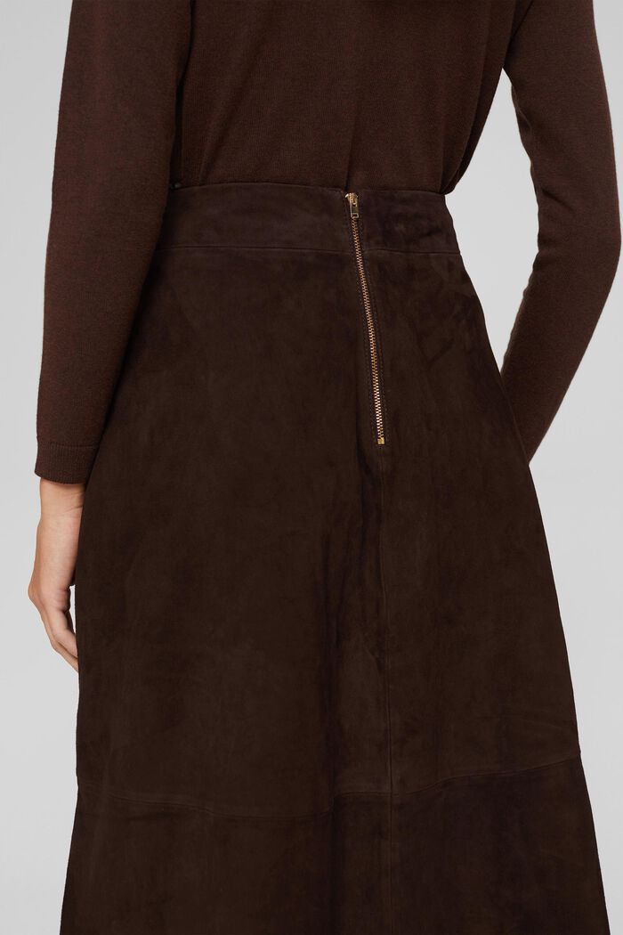 Midi sukně s áčkovým střihem ze 100% semišové kůže, DARK BROWN, detail image number 2