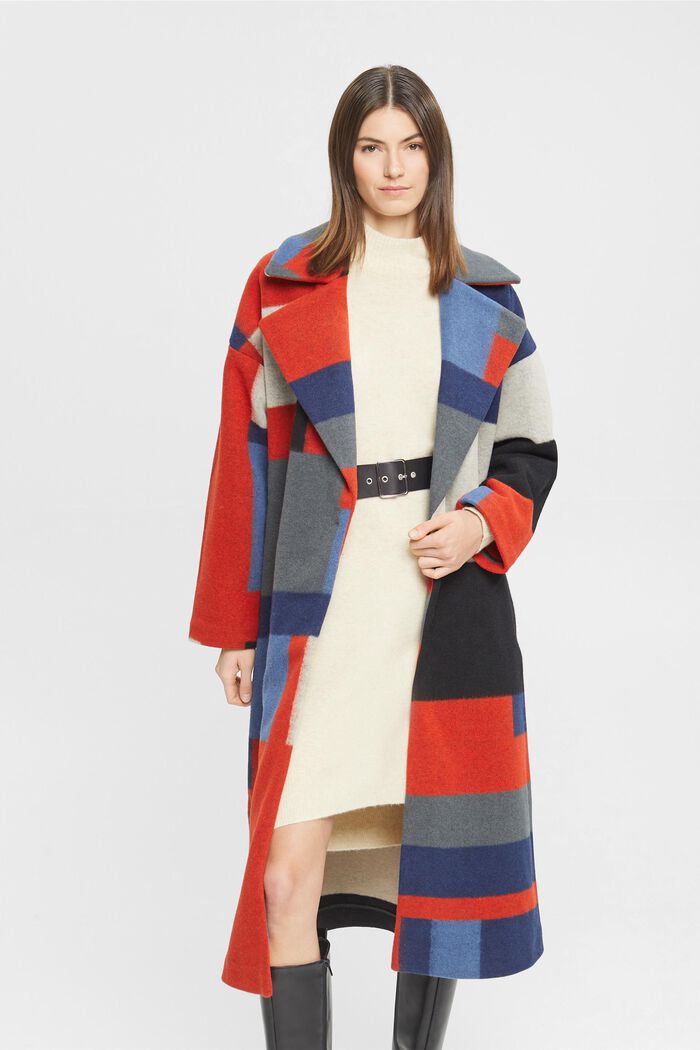 Kabát ze směsi s vlnou a vzorem barevným bloků, RED, detail image number 0