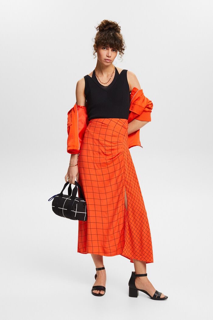 Nabíraná midi sukně s natištěným vzorem mřížky, BRIGHT ORANGE, detail image number 1
