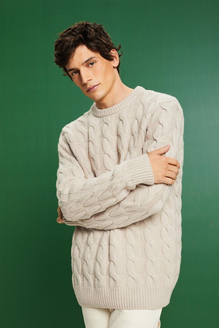Vlněný pulovr z copánkové pleteniny, LIGHT TAUPE, detail image number 0