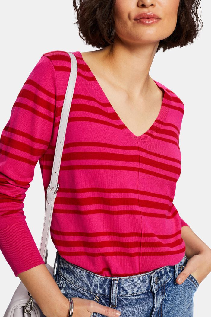 Proužkovaný pulovr se špičatým výstřihem, bavlna, PINK FUCHSIA, detail image number 3
