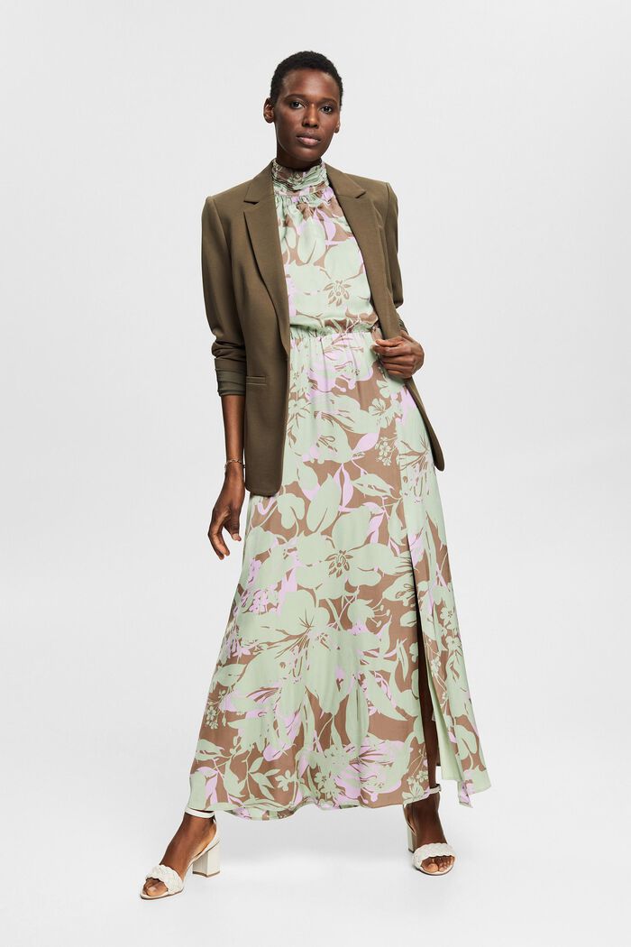 Šaty s výstřihem neckholder, se saténovým vzhledem a květinovým vzorem, PASTEL GREEN, detail image number 1