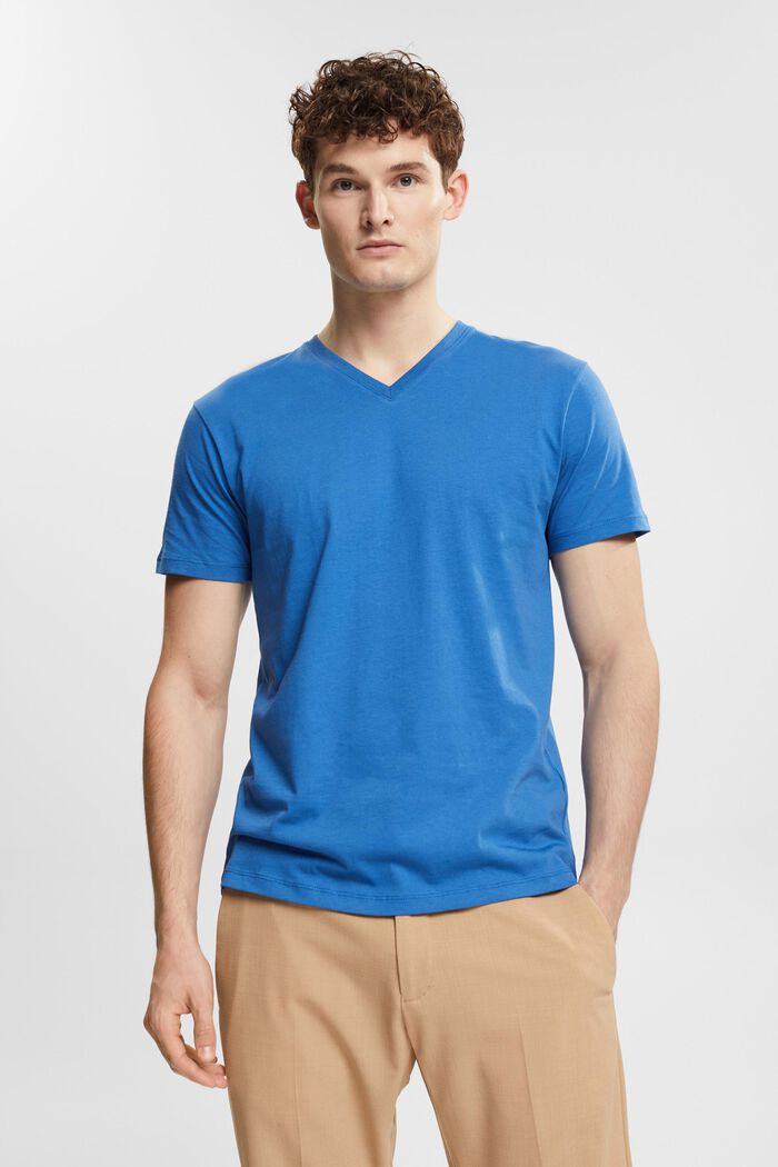 Žerzejové tričko se špičatým výstřihem, BLUE, overview