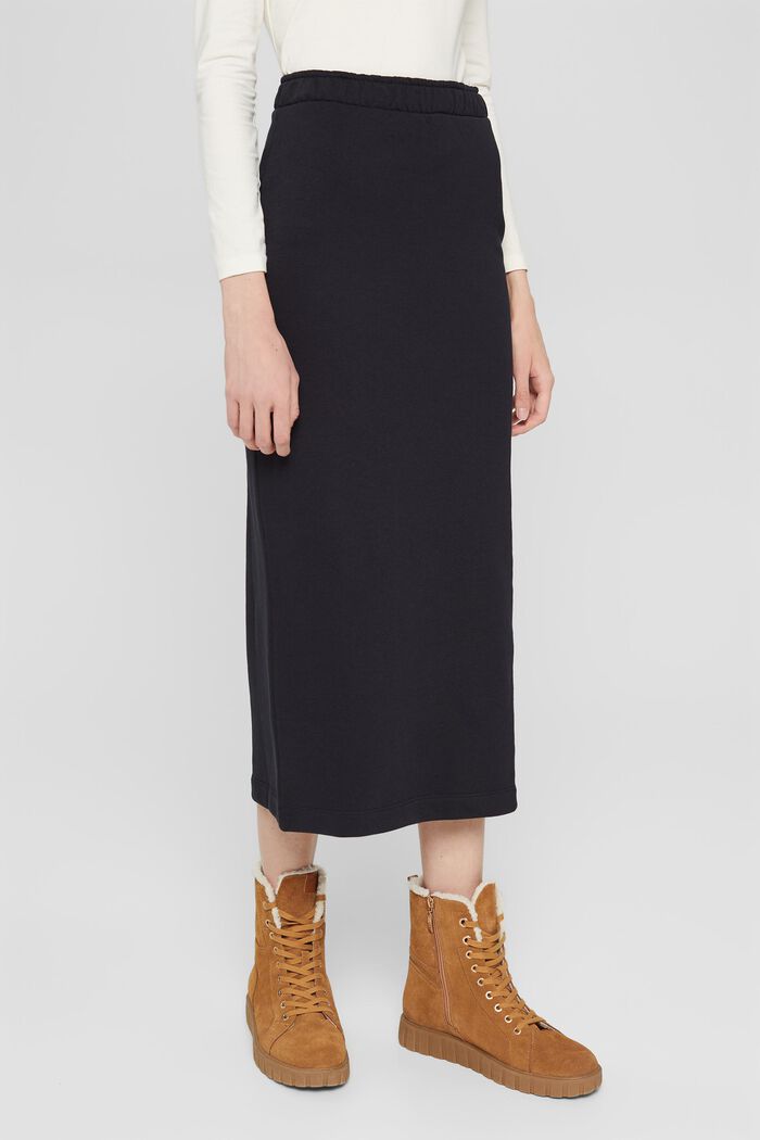 Midi sukně z teplákoviny, směs s bio bavlnou, BLACK, detail image number 0