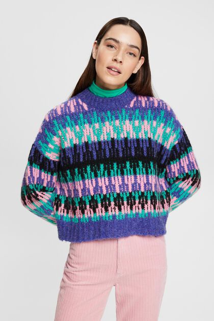 Pestrobarevný hrubý pulovr ze směsi s vlnou, BRIGHT BLUE, overview