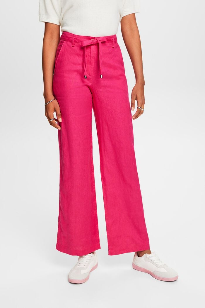 Lněné kalhoty se širokými nohavicemi a opaskem, PINK FUCHSIA, detail image number 0