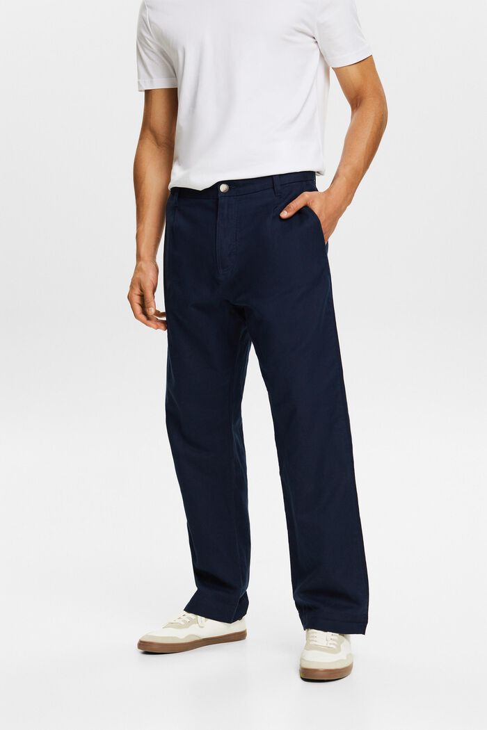 Rovné kalhoty ze směsi lnu a bavlny, NAVY, detail image number 0