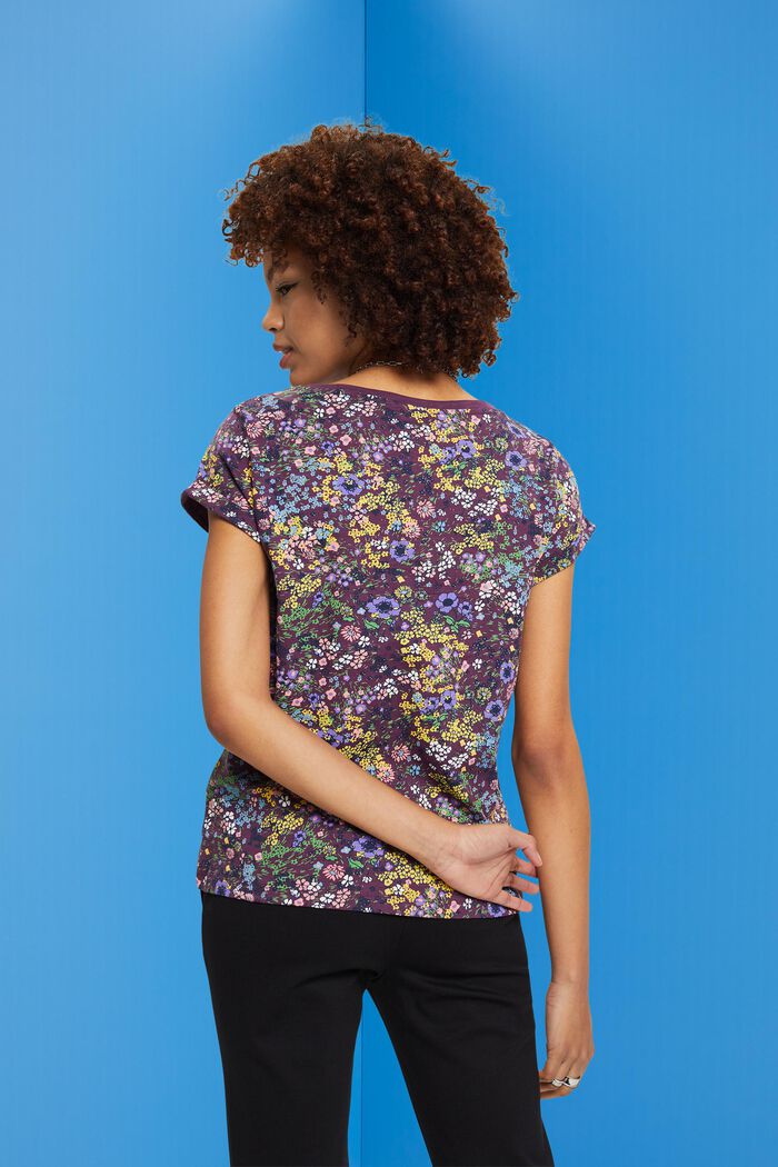 Bavlněné tričko s květinovým potiskem, DARK PURPLE, detail image number 3