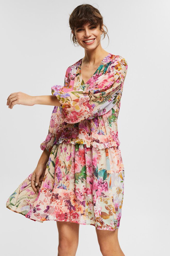 Z recyklovaného materiálu: šifonové šaty s květovaným vzorem, PINK FUCHSIA, detail image number 0