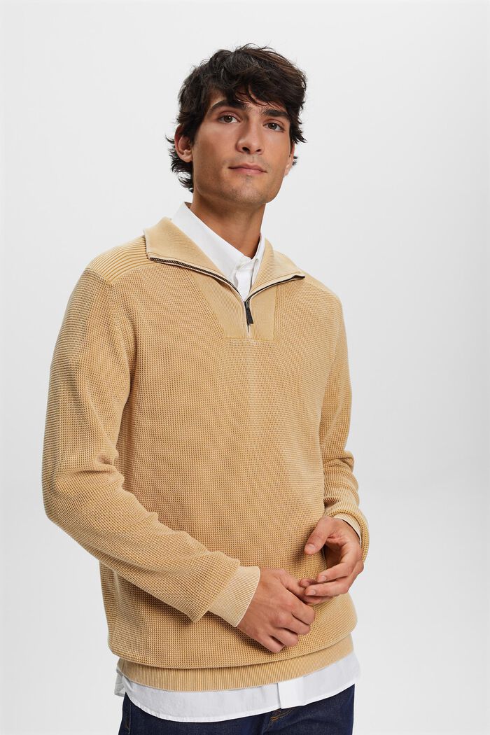 Pruhovaný svetr s polovičním zipem, 100% bavlna, BEIGE, detail image number 0