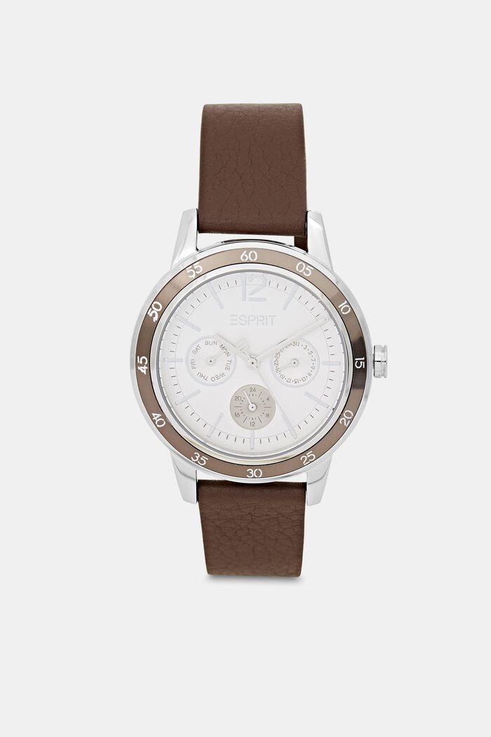 Multifunkční hodinky s koženým páskem, DARK BROWN, detail image number 0