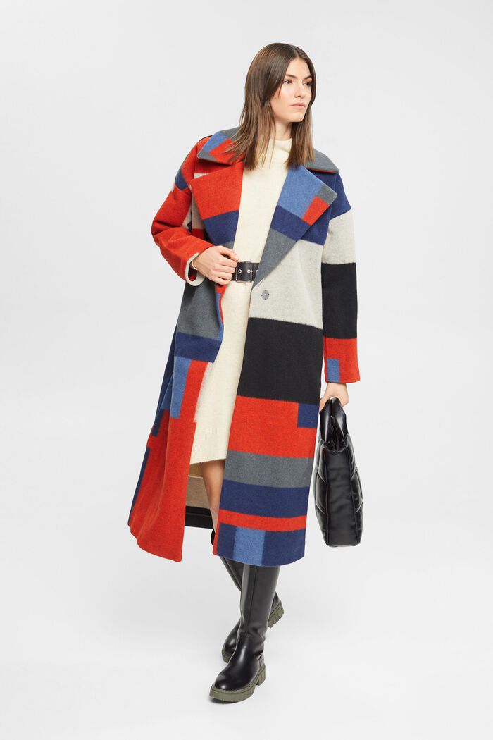 Kabát ze směsi s vlnou a vzorem barevným bloků
